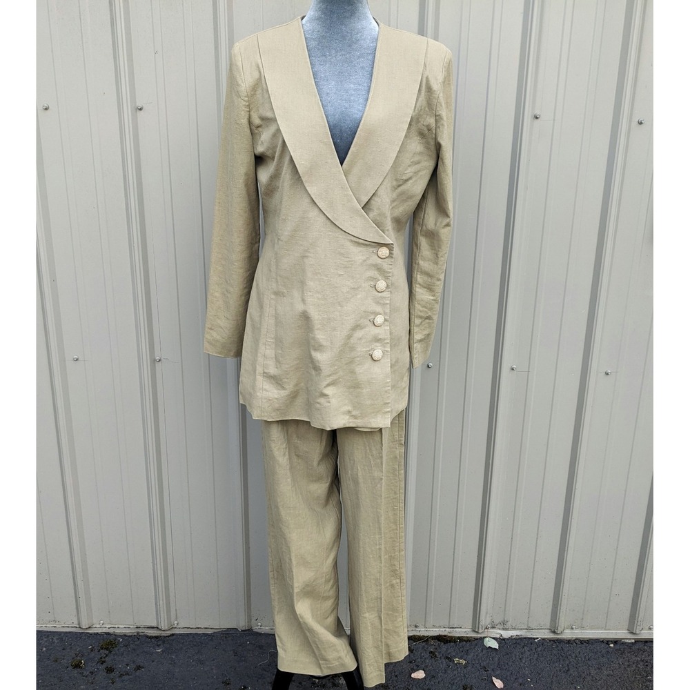 Vintage 90s Linen 2-Pc Pant Suit Set Sz 12 Khaki Wide Leg Shawl Collar Blazer - Picture 3 of 16